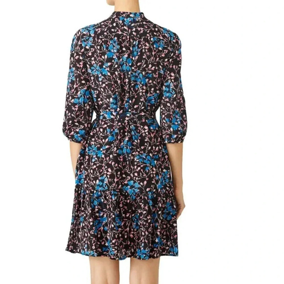 Saloni The Tyra Mini Dress Pure Silk Ruffled Drop Waist Floral Black Blue US 12 - Picture 6 of 13